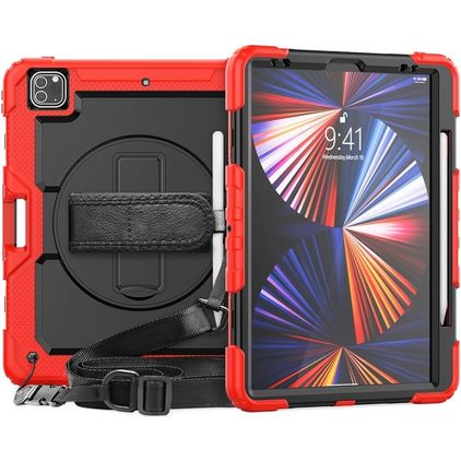 Mobigear SureGrip Xtreme iPad Pro 12.9 Zoll (2020) Hülle Kunststoff,Silikon Backcover + Stifthalter + Schulterträger + Ständer - Schwarz / Rot