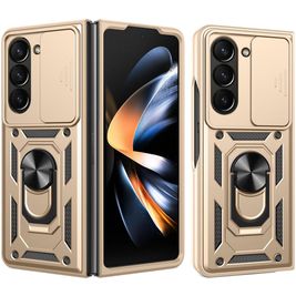Mobigear Armor Ring Cam Slide Samsung Galaxy Z Fold 7 Hülle Hardcase Backcover Stoßfest mit Ringhalter und Kamera Slider - Gold