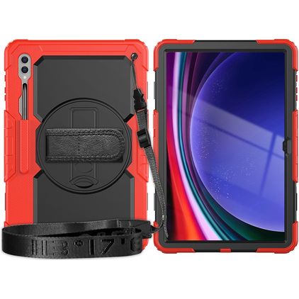 Mobigear SureGrip Xtreme Samsung Galaxy Tab S9 Ultra Hülle Kunststoff,Silikon Backcover + Schulterträger + Ständer - Schwarz / Rot