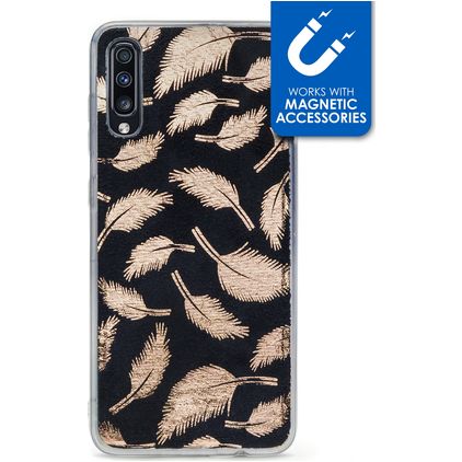 My Style Magneta Samsung Galaxy A70 Hülle Flexibles TPU Backcover - Golden Feathers