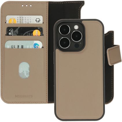 Mobiparts iPhone 14 Pro MagSafe Hülle Echtes Leder Abnehmbare 2in1 Klapphülle Geldbörse - Taupe