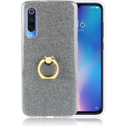 Mobigear Glitter Ring Xiaomi Mi 9 Hülle Flexibles TPU Backcover mit Ringhalter - Schwarz