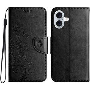 Mobigear Flowers iPhone 16 Hülle Klapphülle Geldbörse - Schwarz
