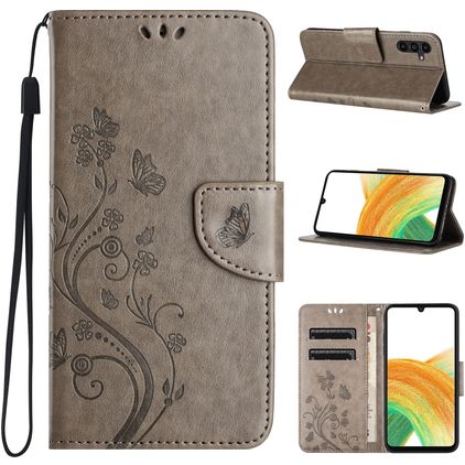 Mobigear Flowers Samsung Galaxy A35 Hülle Klapphülle Geldbörse - Grau