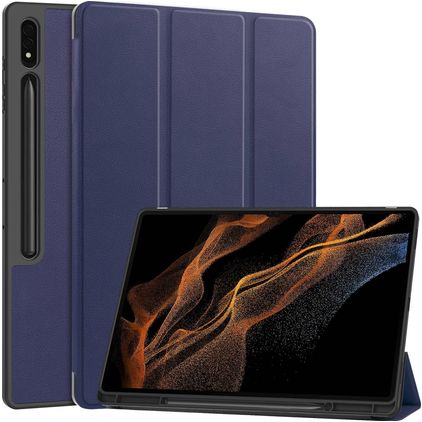 Mobigear Tri-Fold Gel Samsung Galaxy Tab S9 Ultra Hülle TPU,Kunstleder Klapphülle + Stifthalter - Dunkelblau