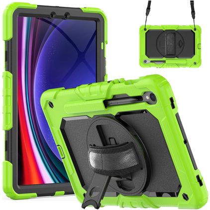 Mobigear SureGrip Xtreme Samsung Galaxy Tab S9 Hülle Kunststoff / Silikon Backcover + Stylus-Halter + Schultergurt + Ständer - Grün