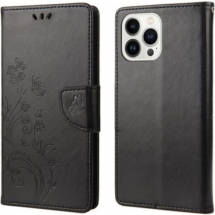 Mobigear Flowers iPhone 14 Pro Hülle Klapphülle Geldbörse - Schwarz