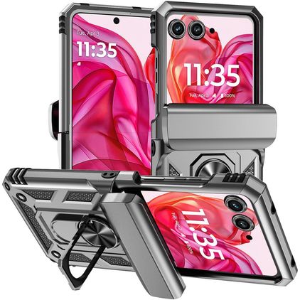 Mobigear Armor Ring Motorola Razr 50 Hülle Hardcase Backcover Stoßfest mit Ringhalter - Silber