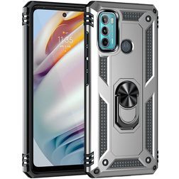 Mobigear Armor Ring Motorola Moto G60 Hülle Hardcase Backcover Stoßfest mit Ringhalter - Silber