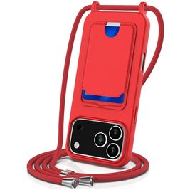 Mobigear Lanyard Card iPhone 17 Pro Silikon Handykette mit Kartenhalter - Rot