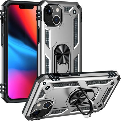 Mobigear Armor Ring iPhone 14 Plus Hülle Hardcase Backcover Stoßfest mit Ringhalter - Silber