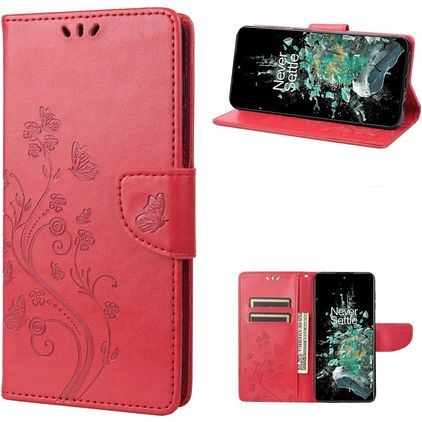Mobigear Butterfly OnePlus 10T Hülle Klapphülle Geldbörse - Rot