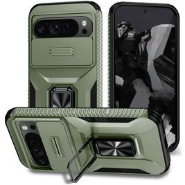 Mobigear Armor Ring Cam Slide Google Pixel 9 Pro XL Hülle Hardcase Backcover Stoßfest mit Ringhalter und Kamera Slider - Grün