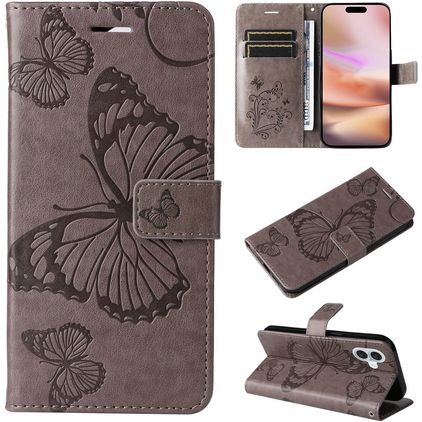 Mobigear Butterfly iPhone 16 Plus Hülle Klapphülle Geldbörse - Grau