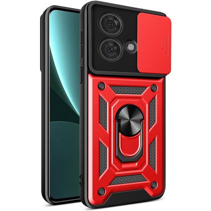 Mobigear Armor Ring Cam Slide Motorola Edge 40 Neo Hülle Hardcase Backcover Stoßfest mit Ringhalter und Kamera Slider - Rot