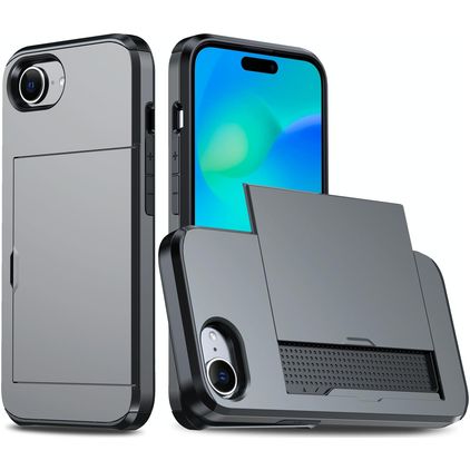 Mobigear Card iPhone 16e Hülle Hardcase Backcover Stoßfest mit Kartenhalter - Grau