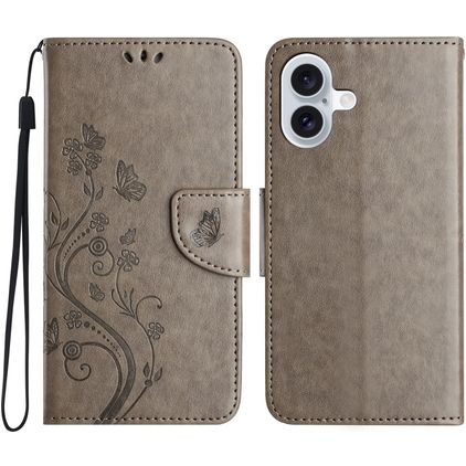 Mobigear Flowers iPhone 16 Hülle Klapphülle Geldbörse - Grau