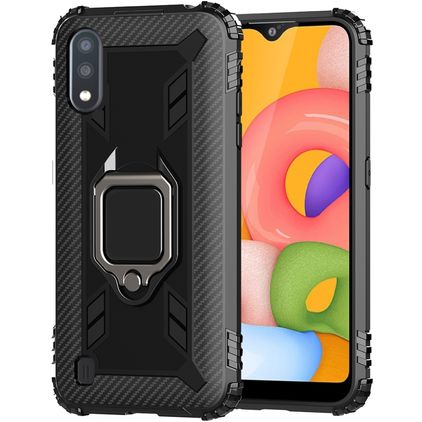 Mobigear Armor Ring Samsung Galaxy A01 Hülle Flexibles TPU Backcover Stoßfest mit Ringhalter - Schwarz