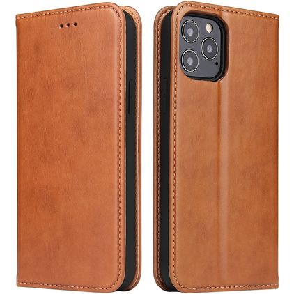 Fierre Shann Art iPhone 12 Mini Hülle Klapphülle Geldbörse - Cognac