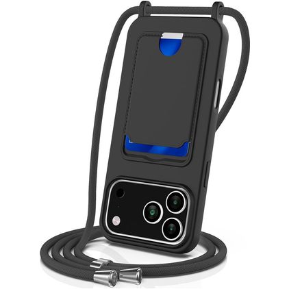 Mobigear Lanyard Card iPhone 17 Pro Max Silikon Handykette mit Kartenhalter - Schwarz