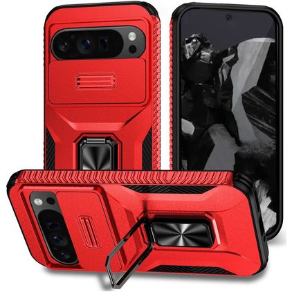Mobigear Armor Ring Cam Slide Google Pixel 9 Pro XL Hardcase Backcover Shockproof mit Ringhalter und Kamera-Slider - Rot
