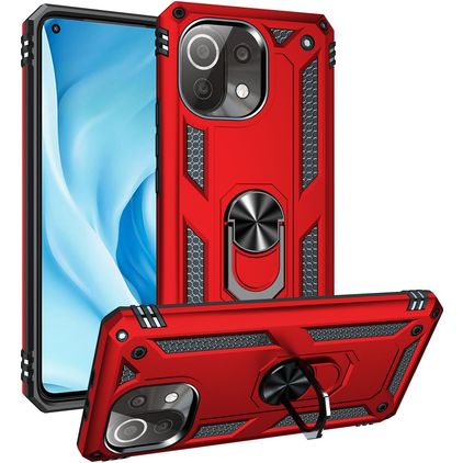 Mobigear Armor Ring Xiaomi Mi 11 Lite Hülle Hardcase Backcover Stoßfest mit Ringhalter - Rot
