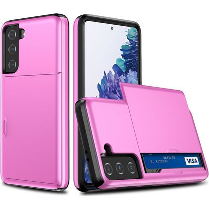 Mobigear Card Samsung Galaxy S21 Plus Hülle Hardcase Backcover Stoßfest mit Kartenhalter - Pink