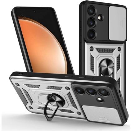 Mobigear Armor Ring Cam Slide Samsung Galaxy S25 FE Hardcase Backcover Shockproof mit Ringhalter und Kamera-Slider - Silber