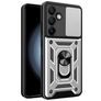 Mobigear Armor Ring Cam Slide Samsung Galaxy S24 FE Hülle Hardcase Backcover Stoßfest mit Ringhalter und Kamera Slider - Silber