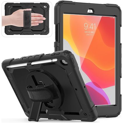 Mobigear SureGrip Xtreme iPad 8 (2020) Hülle Kunststoff,Silikon Backcover + Stifthalter + Schulterträger + Ständer - Schwarz
