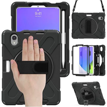 Mobigear SureGrip XGuard iPad Mini 7 (2024) Hülle Kunststoff,Silikon Backcover + Stifthalter + Schulterträger + Ständer - Schwarz