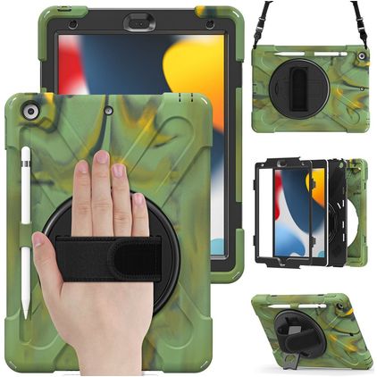 Mobigear SureGrip XGuard iPad 9 (2021) Hülle Kunststoff,Silikon Backcover + Stifthalter + Schulterträger + Ständer - Camouflage