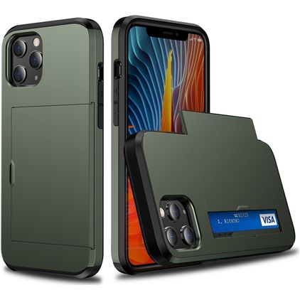 Mobigear Card iPhone 12 Mini Hülle Hardcase Backcover Stoßfest mit Kartenhalter - Armeegrün
