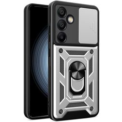 Mobigear Armor Ring Cam Slide Samsung Galaxy S24 FE Hülle Hardcase Backcover Stoßfest mit Ringhalter und Kamera Slider - Silber
