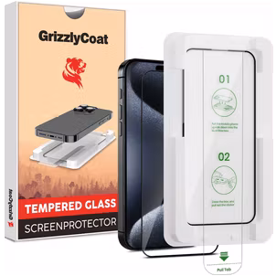 GrizzlyCoat AlignPro iPhone 15 Panzerglas Gehärtetes Glas Displayschutz - Hüllenfreundlich + Applikator - Schwarz