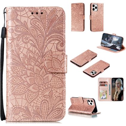 Mobigear Flowers iPhone 12 Hülle Klapphülle Geldbörse - Roségold