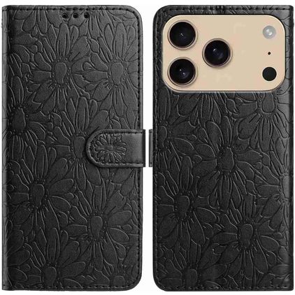 Mobigear Flowers iPhone 17 Pro Hülle Klapphülle Geldbörse - Schwarz