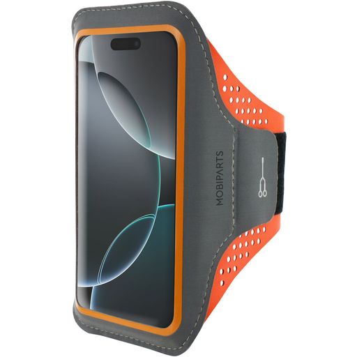 Mobiparts Comfort Fit Handyhalterung Joggen iPhone 16 Pro Sporthülle Neopren Sportarmband - Neon Orange
