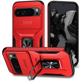Mobigear Armor Ring Cam Slide Google Pixel 9 Pro XL Hülle Hardcase Backcover Stoßfest mit Ringhalter und Kamera Slider - Rot