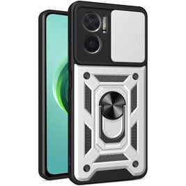 Mobigear Armor Ring Cam Slide Xiaomi Redmi 10 5G Hülle Hardcase Backcover Stoßfest mit Ringhalter und Kamera Slider - Silber