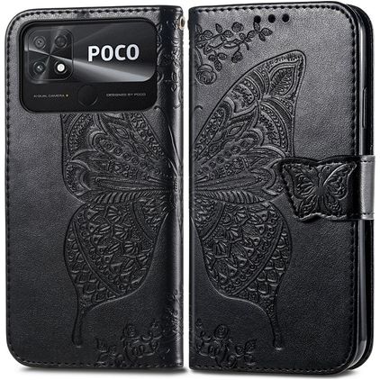 Mobigear Butterfly POCO C40 Hülle Klapphülle Geldbörse - Schwarz