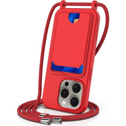 Mobigear Lanyard Card iPhone 16 Pro Max Silikon Handykette mit Kartenhalter - Rot