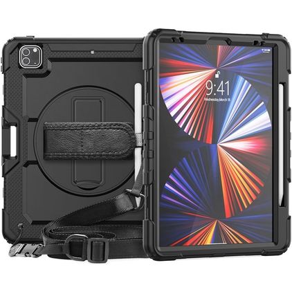 Mobigear SureGrip Xtreme iPad Pro 12.9 Zoll (2022) Hülle Kunststoff,Silikon Backcover + Stifthalter + Schulterträger + Ständer - Schwarz