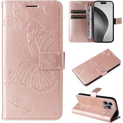 Mobigear Butterfly iPhone 16 Pro Max Klapphülle Portemonnaie - Roségold