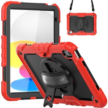 Mobigear SureGrip Xtreme iPad 11 (2025) Hülle Kunststoff,Silikon Backcover + Schulterträger + Ständer - Schwarz / Rot