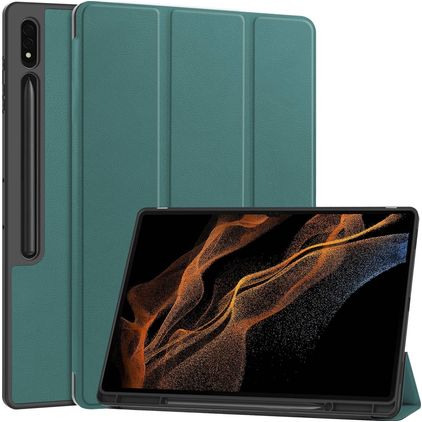 Mobigear Tri-Fold Gel Samsung Galaxy Tab S9 Ultra Hülle TPU,Kunstleder Klapphülle + Stifthalter - Grün