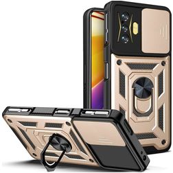 Mobigear Armor Ring Cam Slide POCO F4 GT Hülle Hardcase Backcover Stoßfest mit Ringhalter und Kamera Slider - Gold