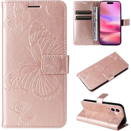 Mobigear Butterfly iPhone 16 Hülle Klapphülle Geldbörse - Roségold