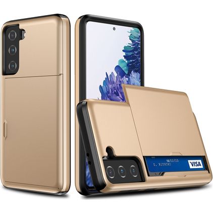Mobigear Card Samsung Galaxy S21 Hülle Hardcase Backcover Stoßfest mit Kartenhalter - Gold