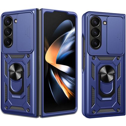 Mobigear Armor Ring Cam Slide Samsung Galaxy Z Fold 7 Hülle Hardcase Backcover Stoßfest mit Ringhalter und Kamera Slider - Blau